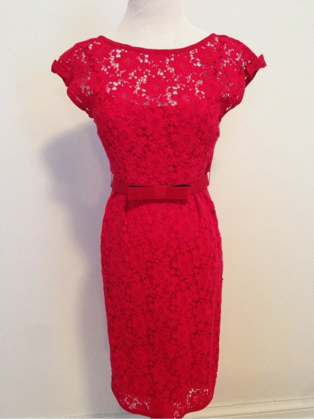 Nanette Lepore Around the World Red Lace Midi Dress/Bow Belt/Cap Sleeve, Size 10
